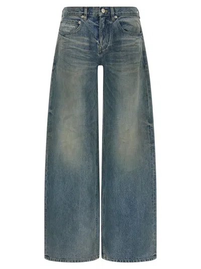 Balenciaga Denim Wide Leg Trousers Featuring Pockets In Blue