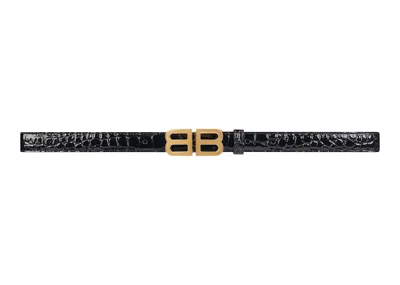 Pre-owned Balenciaga Women's  Bb Hourglass Crocodile Embossed Thin Belt In Black