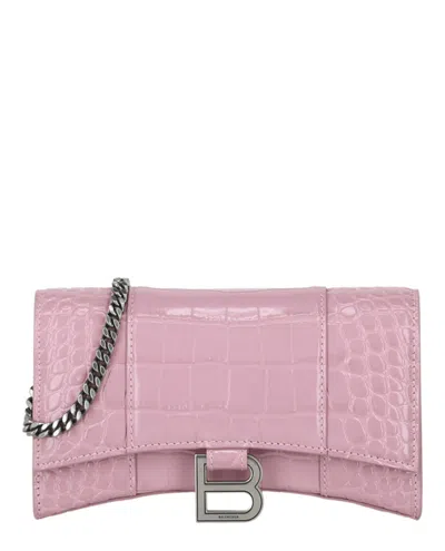 Pre-owned Balenciaga Women's  Croc Embossed Hourglass Wallet On Chain In Pink