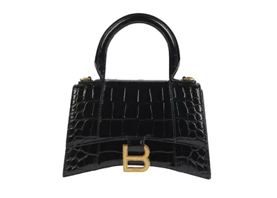 Pre-owned Balenciaga Women's  Crocodile Embossed Hourglass Top Handle Xs In Black