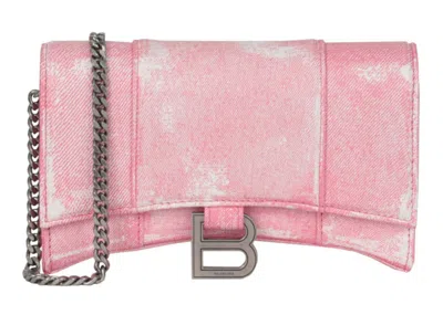 Pre-owned Balenciaga Women's  Denim Print Hourglass Wallet On A Chain In Pink