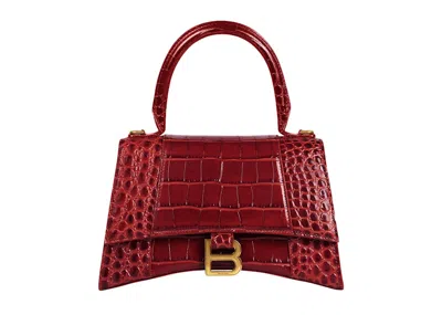 Pre-owned Balenciaga Women's  Hourglass Top Handle Bag Small Crocodile Embossed In Dark Red