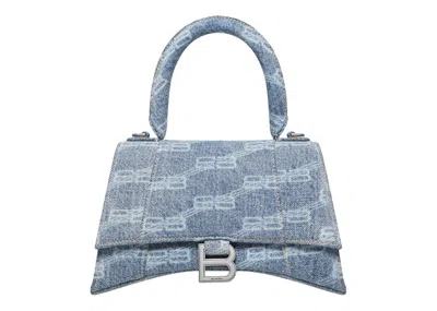 Pre-owned Balenciaga Women's  Hourglass Top Handle Small Bb Monogram Denim In Bleached Blue