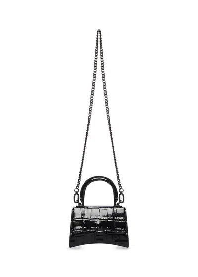 Pre-owned Balenciaga Women's  Hourglass Tophandle Bag Mini Croc Embossed In Black
