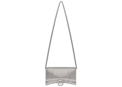 Pre-owned Balenciaga Women's  Hourglass Wallet With Chain Xs Rhinestone In Grey