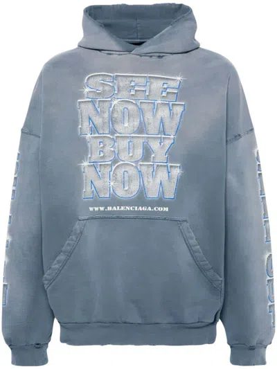 Pre-owned Balenciaga Women's  Large Fit Hoodie In Washed Blue