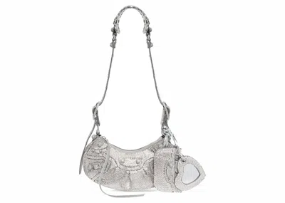 Pre-owned Balenciaga Women's  Le Cagole Shoulder Bag Xs Suede With Rhinestones In Grey In Gray