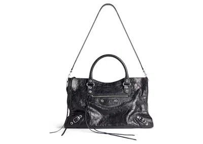 Pre-owned Balenciaga Women's  Le City Medium Bag In Black Arena Lambskin Shiny Silver Hardware In Black (797786