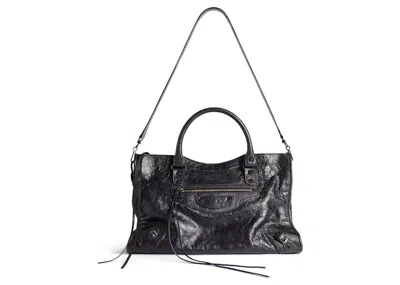 Pre-owned Balenciaga Women's  Le City Medium Bag In Black Arena Storico Lambskin Brass Hardware In Black (79778
