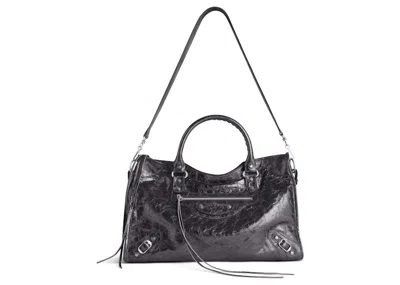 Pre-owned Balenciaga Women's  Le City Medium Bag In Stee Shirtl Grey Metallized Arena Lambskin Shiny Silver Har