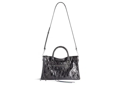 Pre-owned Balenciaga Women's  Le City Small Bag In Stee Shirtl Grey Metallized Arena Lambskin Shiny Silver Hard