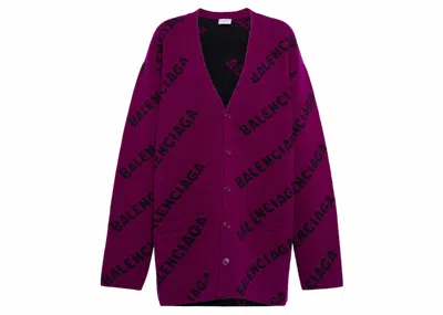 Pre-owned Balenciaga Women's  Logo Intarsia Wool Cardigan In Purple