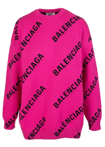 Pre-owned Balenciaga Women's  Oversized Intarsia All Over Logo Crewneck Sweatshirt In Pink Black