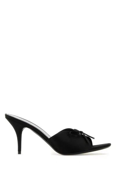 Balenciaga Women Black Satin Knife Bow Mules In Animal Print