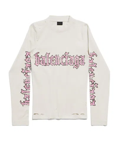Balenciaga Women's Blackletter Script Fitted Long Sleeve T-shirt In Dirty White