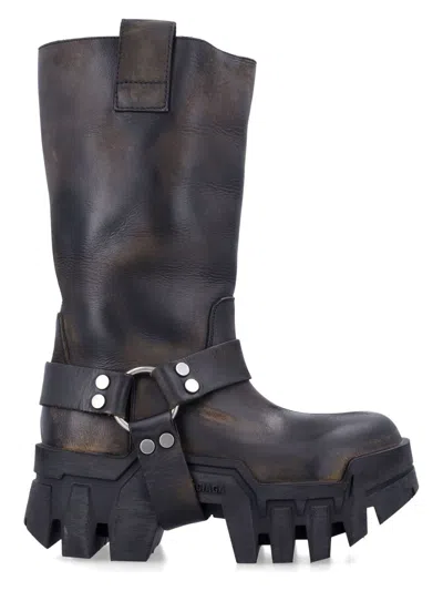 Balenciaga Black Leather Bulldozer Harness Ankle Boots With 8 Cm Plateau Heel