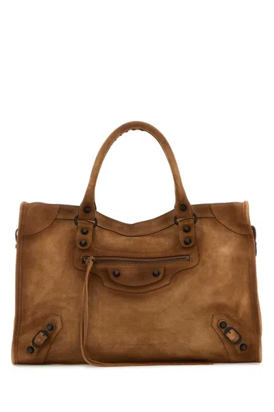 Balenciaga Women Camel Suede Medium Le City Handbag In Brown