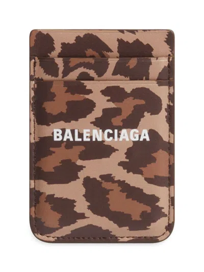 Balenciaga Women's Cash Magnet Card Holder With Leopard Print In Beige Brown