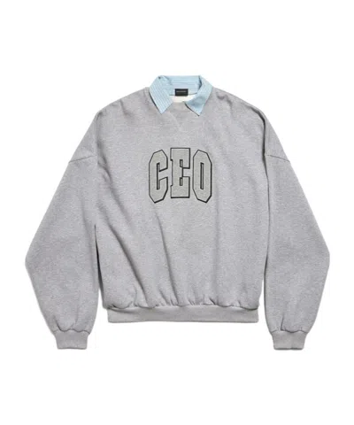 BALENCIAGA WOMEN'S CEO TEAM LOGO SHIRT COLLAR CREWNECK IN HEATHER GREY