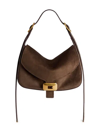 Balenciaga Dark Brown Suede Medium Clicca Shoulder Bag In Red