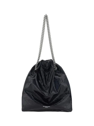 CRUSH SHOULDER BAG 25 IN BLACK CRUSHED CALFSKIN LEATHER STRAP SILVER HARDWARE