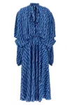 Balenciaga Blue Long Dress With All-over Print And Bow Closure In Fabric Woman In Blue