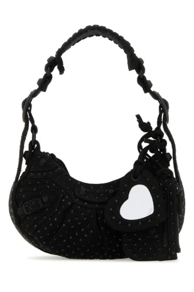 Balenciaga Women Embellished Denim Le Cagole Xs Shoulder Bag In Black
