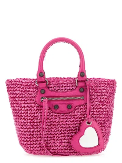 BALENCIAGA WOMEN'S FUCHSIA RAFFIA SMALL LE CAGOLE PANIER HANDBAG