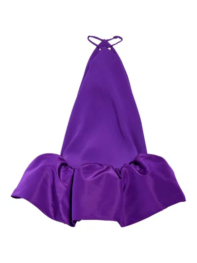 Balenciaga Silk Balloon Ruffle Mini Halter Dress In Purple