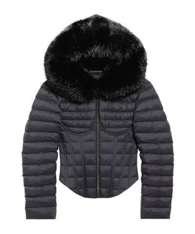 Balenciaga Women's Hooded Corseted Puffer In Black In Blue