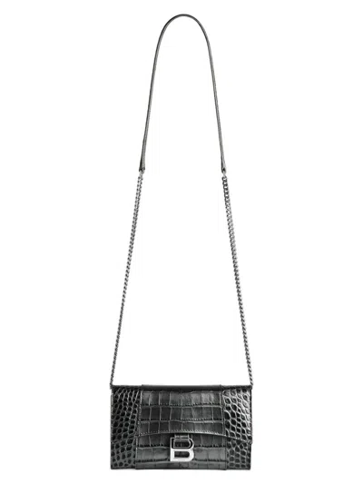 Balenciaga Women's Hourglass Metallized Crocodile Embossed Wallet On Chain In Gray
