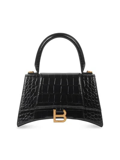 Balenciaga Women's Hourglass Small Handbag Crocodile Embossed In Black