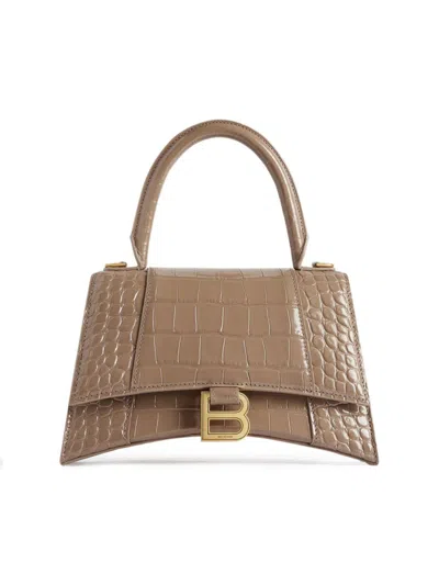 Balenciaga Women's Hourglass Small Handbag Crocodile Embossed In Light Brown