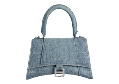 Pre-owned Balenciaga Women's Hourglass Small Handbag Girly Allover Denim In Light Blue