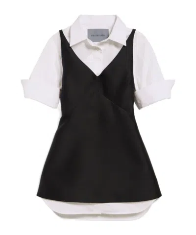 Balenciaga Hybrid Chemisier Mini Dress In Wool And Silk Black