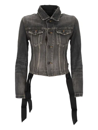 Balenciaga Dark Grey Denim Jacket With Laces Women In Gray