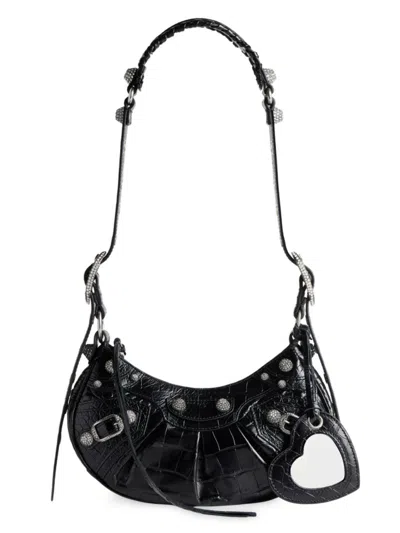 Balenciaga Women's Le Cagole Xs Shoulder Bag Crocodile Embossed With Rhinestones In Black