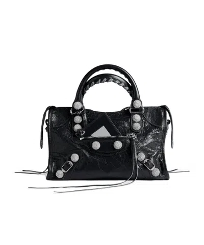 Balenciaga Women's Le City Bag Small Giant Studs With Rhinestones In Black In Blue