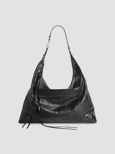 Balenciaga Large Le City Crinkled-leather Shoulder Bag In Black