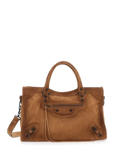 BALENCIAGA BALENCIAGA WOMEN 'LE CITY MEDIUM' BEIGE HANDBAG WITH STUD AND FADED DESIGN IN SUEDE WOMAN