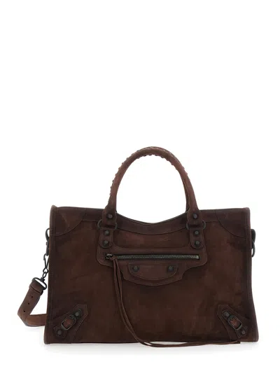 Balenciaga Women 'le City Medium' Brown Handbag With Studs In Suede Woman