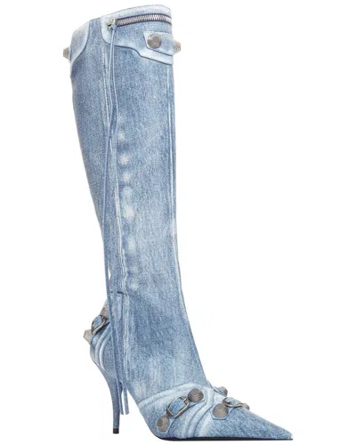 Pre-owned Balenciaga Women's Leather Cagole Denim Moto Tall Boot (authentic Pre-loved)