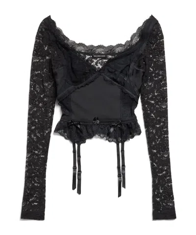 Balenciaga Cropped Jersey And Tulle-trimmed Lace Top In Black