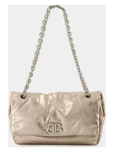 Balenciaga Monaco Small Metallic Leather Shoulder Bag In Beige