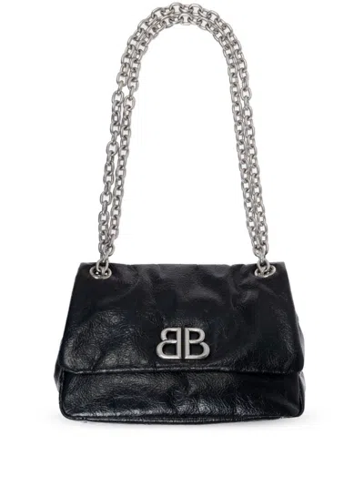 Balenciaga Mini Monaco Appliqué-logo Leather Bag In Black