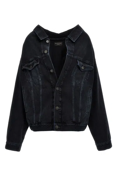 Balenciaga Off-shoulder Denim Jacket Casual Jackets, Parka Blue