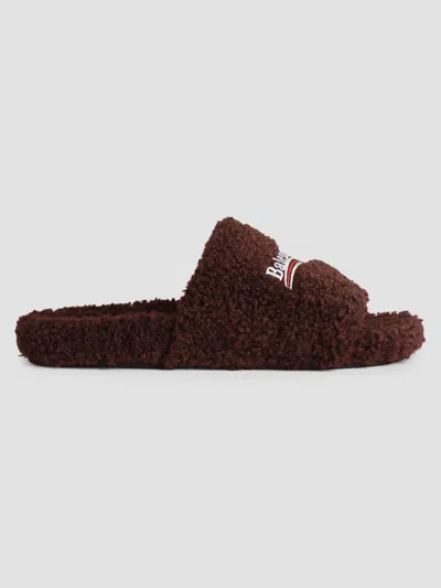 Balenciaga Shearling Mules With Embroidered Logo In Brown