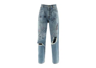 Pre-owned Balenciaga Women's Printed Rhinestone Wide Leg Jeans In True Blue