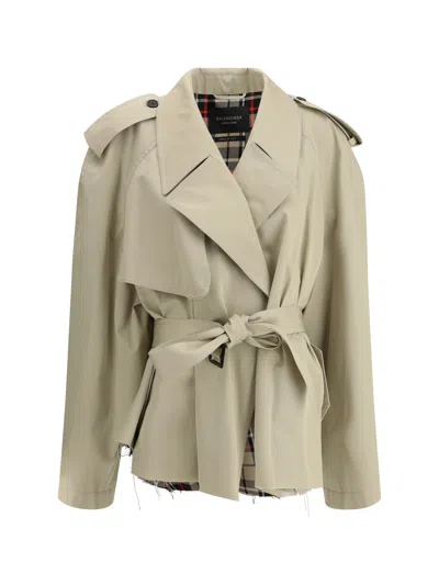 Balenciaga Women Raw-cut Short Trench Coat In Beige