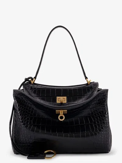 Balenciaga Women Rodeo Leather Shoulder Bag With Croco Effect In Black